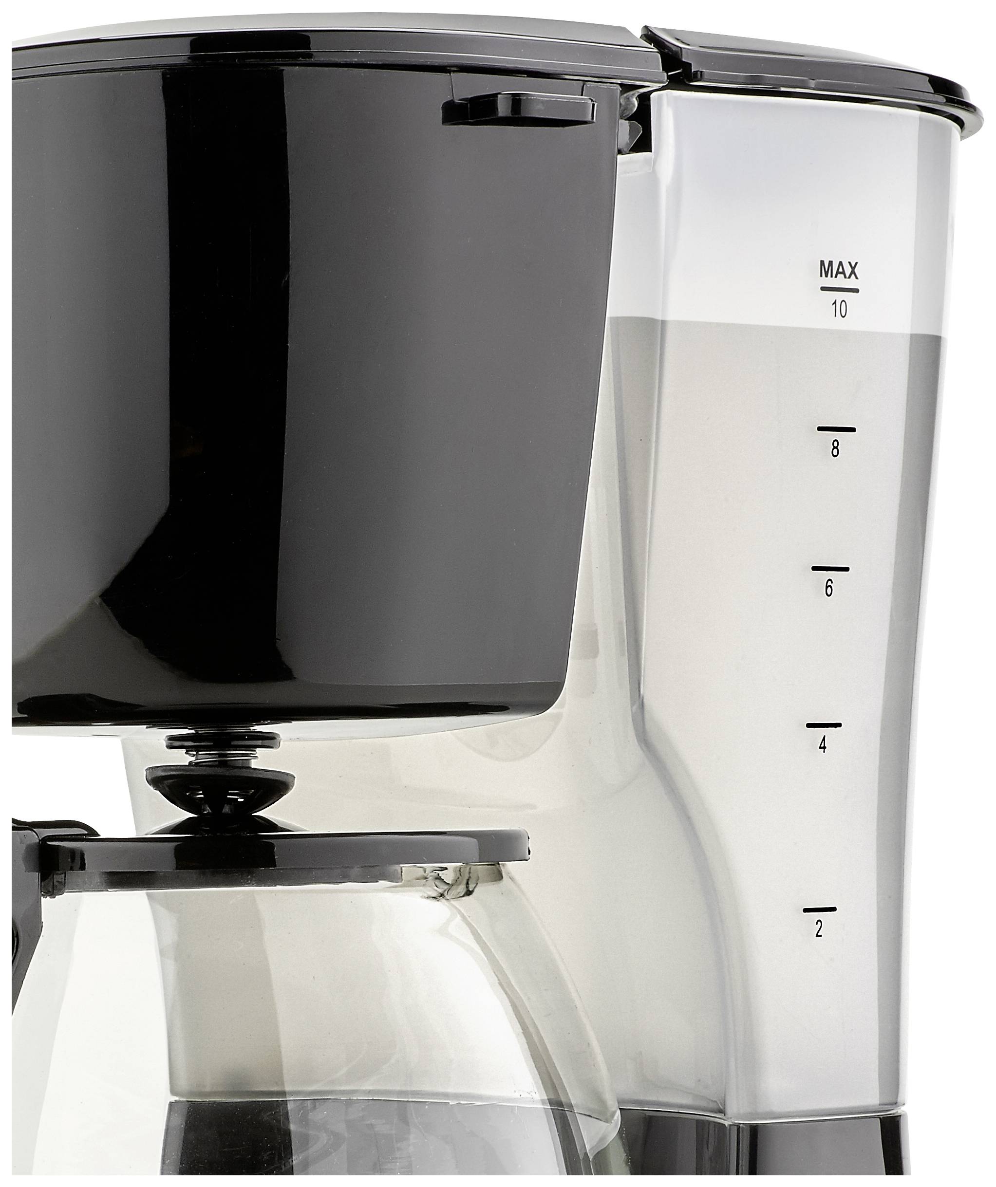 Machine à café noire avec carafe en verre et réservoir d'eau, dont l'échelle pour la quantité d'eau est marquée jusqu'à 10.