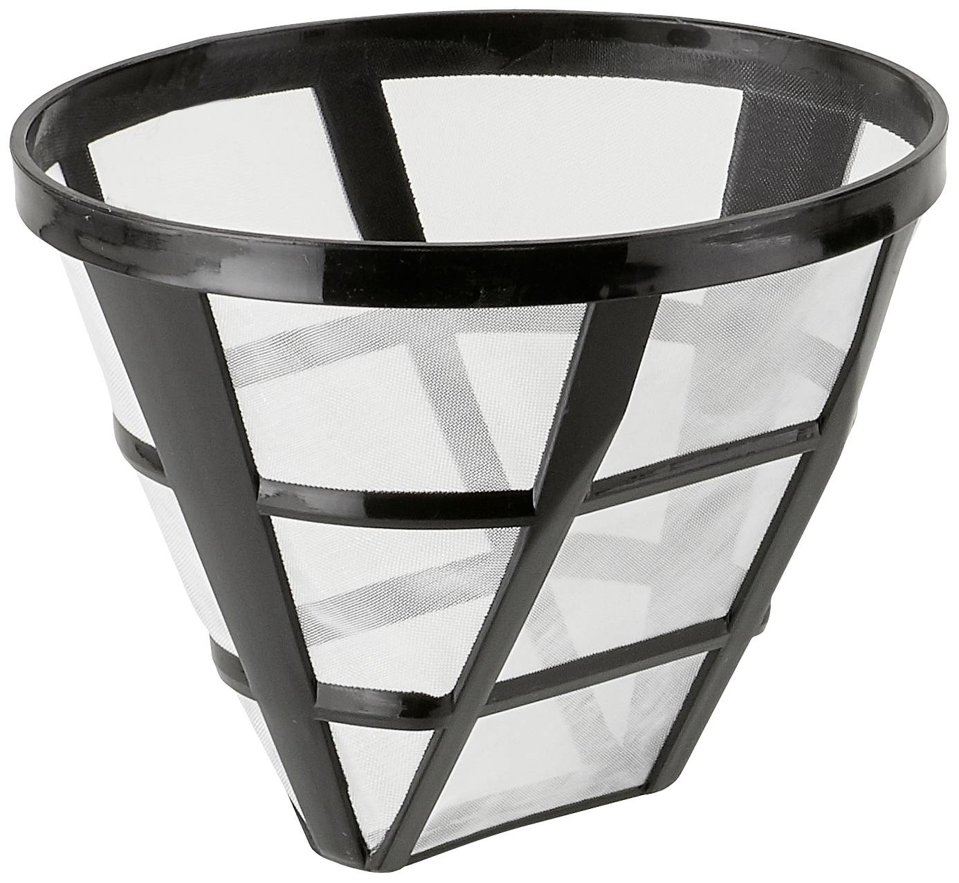 Un filtre à café réutilisable en plastique noir avec un maillage fin. Adapté aux cafetières et au café filtré.