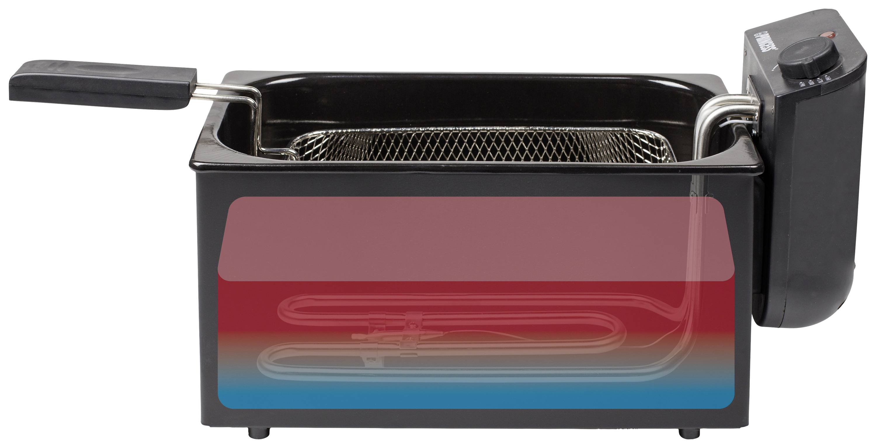 Une friteuse électrique avec un régulateur de température sur le côté et un panier amovible, idéale pour faire frire des aliments.