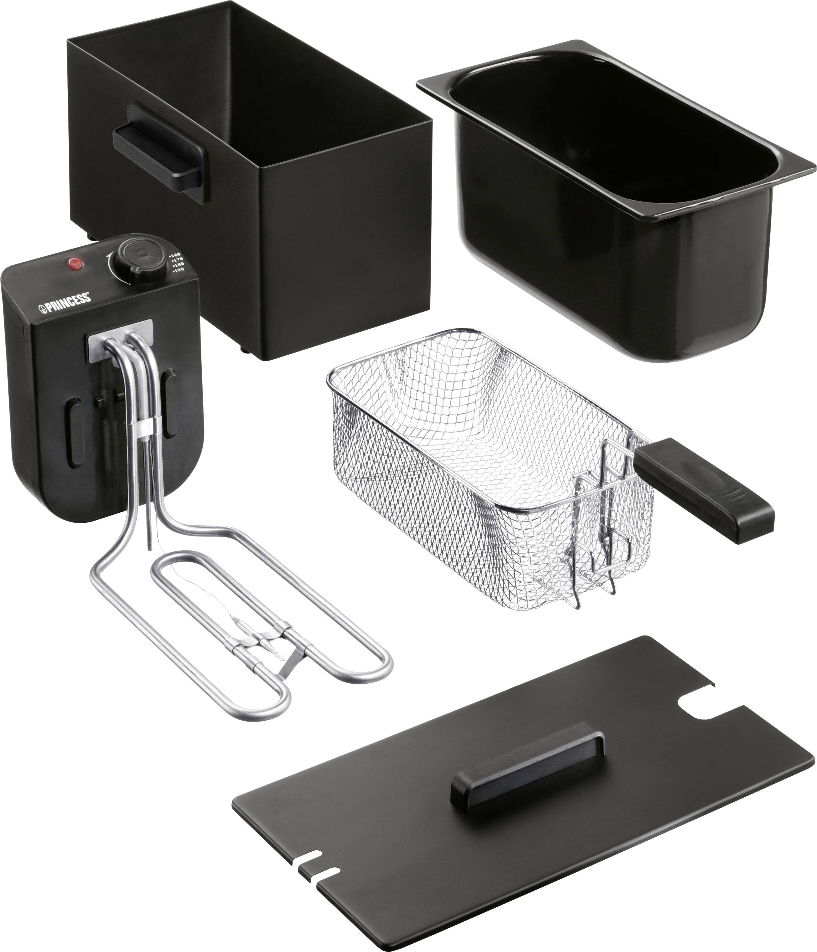 Parties d'une friteuse : module de chauffe, panier rectangulaire en métal avec poignée, deux récipients noirs et un couvercle noir.