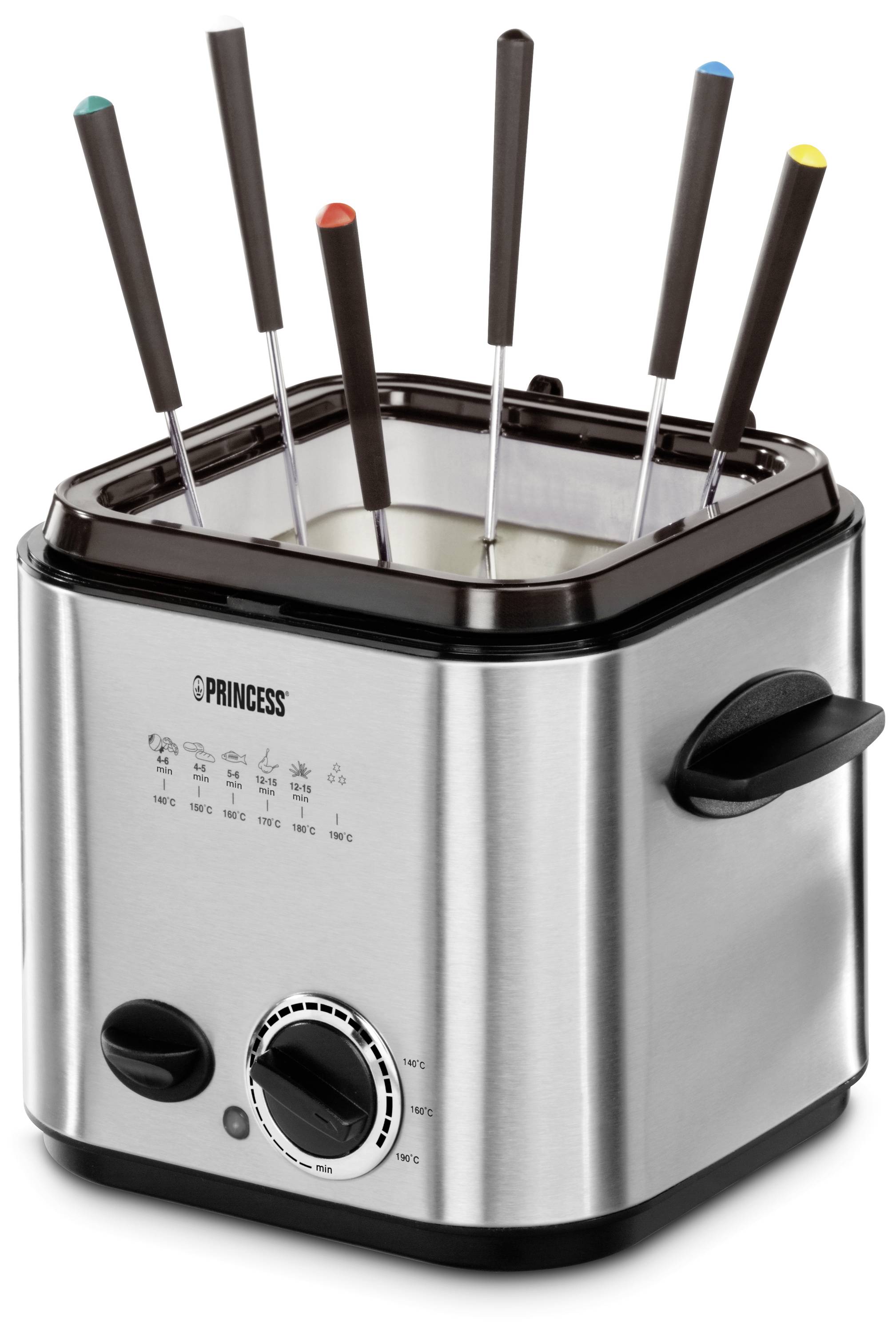 Un appareil à fondue électrique en acier inoxydable est dressé verticalement, accompagné de six fourchettes, chacune marquée d'un point de couleur différente.