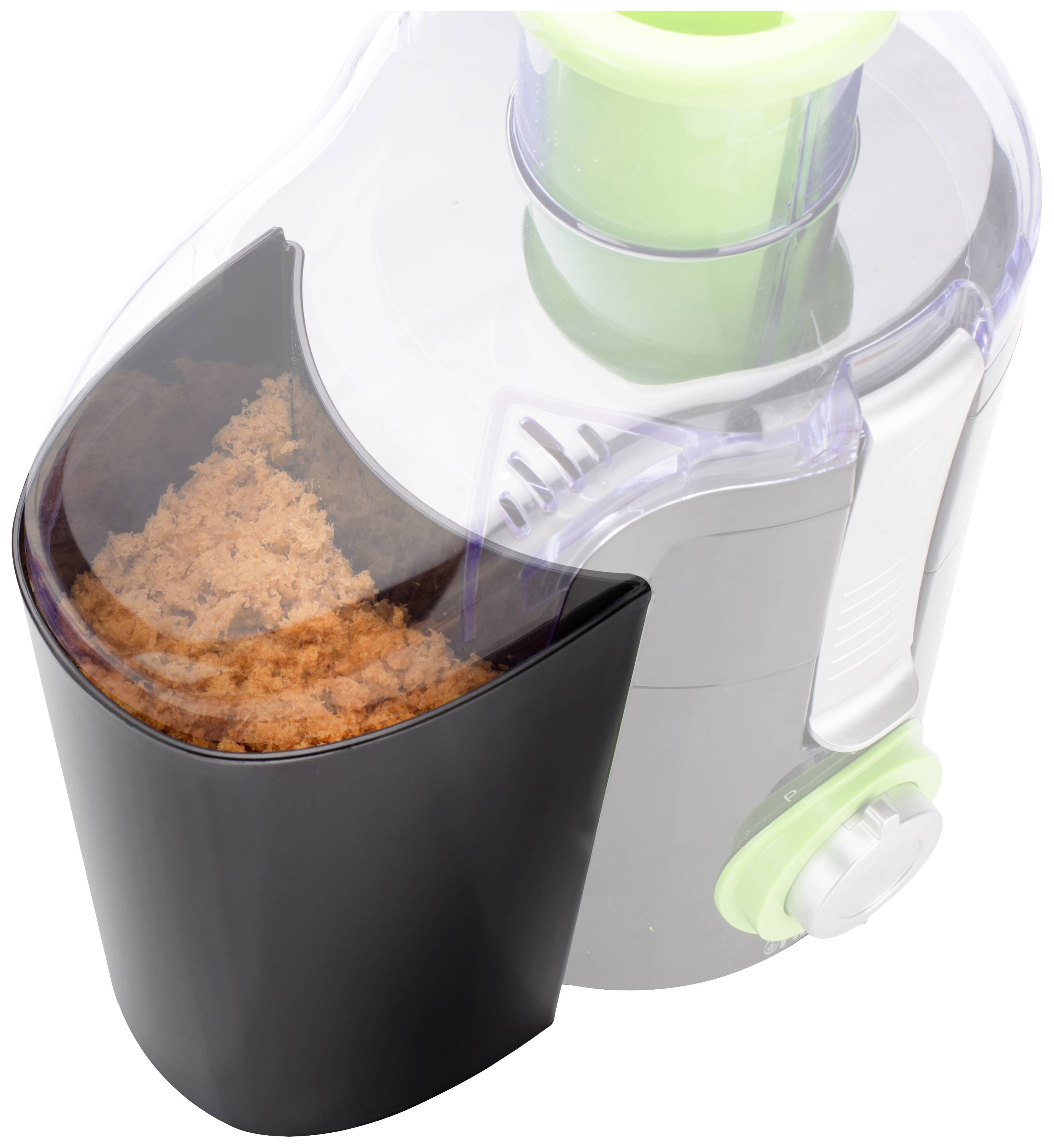 Extracteur de jus avec récipient transparent contenant des légumes hachés ; couvercle transparent avec élément vert.