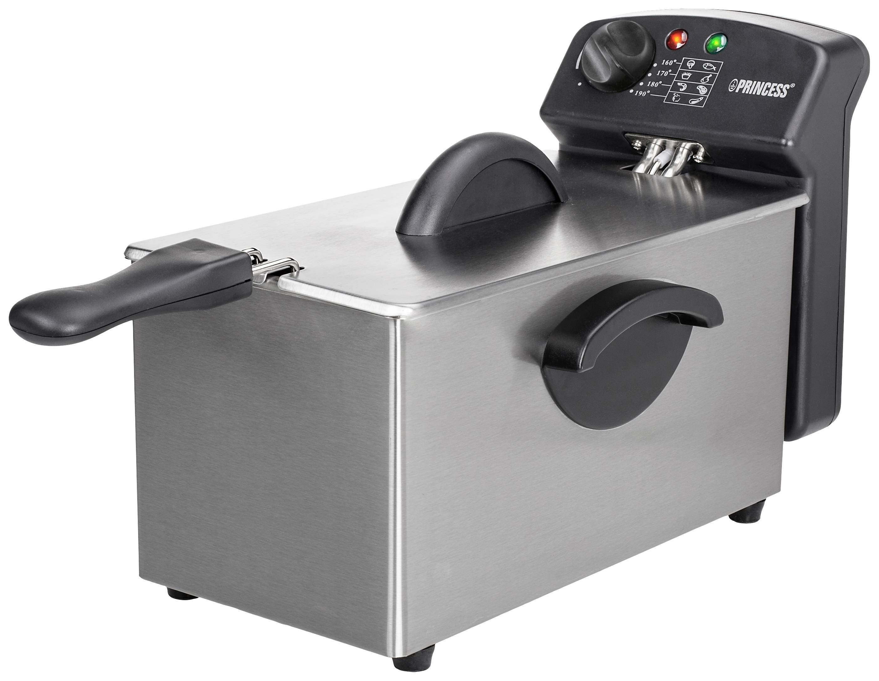 Friteuse en acier inoxydable avec poignée noire et commandes en haut, deux témoins lumineux visibles pour le fonctionnement et la température.