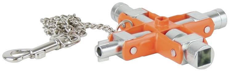 Une clé orange avec quatre fiches de tailles différentes et une chaîne munie d'un mousqueton de fixation.