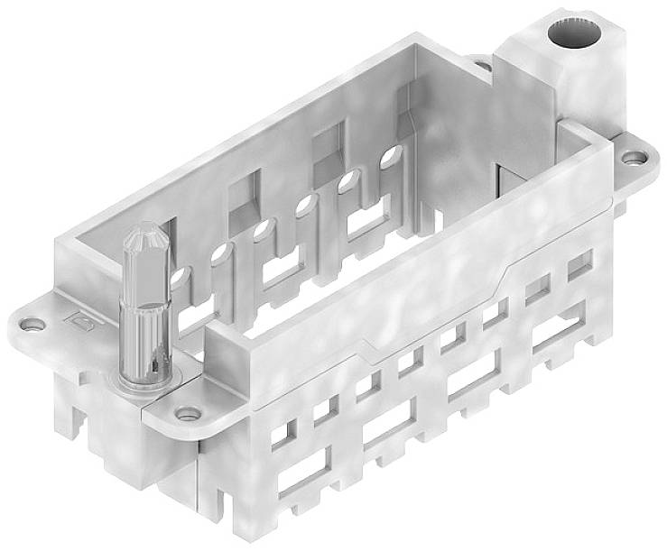 Support métallique de forme rectangulaire, avec des ouvertures latérales et un couvercle rond surélevé sur le côté gauche.