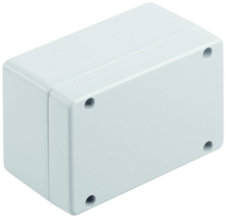 Un boîtier rectangulaire en plastique gris aux coins arrondis, comportant quatre trous de vis aux angles de la face avant.