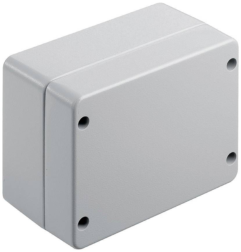 Boîtier rectangulaire en plastique gris aux coins arrondis, pourvu de quatre trous de fixation ; utilisé pour protéger des composants électroniques.