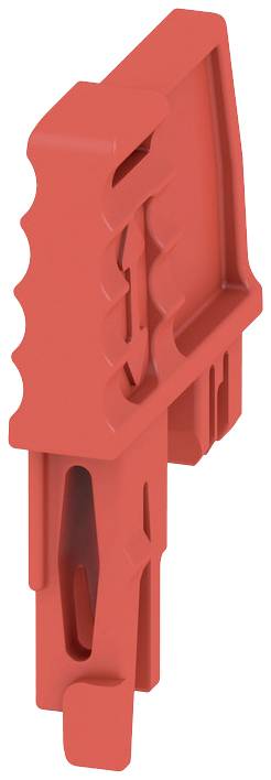 Un objet rectangulaire rouge en plastique avec une poignée et des fentes étroites, probablement un outil ou un composant d'un système.