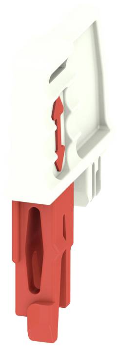 Un outil en plastique blanc et rouge, probablement un système de serrage, composé d'un cadre blanc et d'un insert rouge.