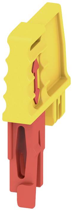 Dispositif de verrouillage jaune et rouge, probablement pour interrupteurs électriques, en vue isolée. Principalement fabriqué en plastique.