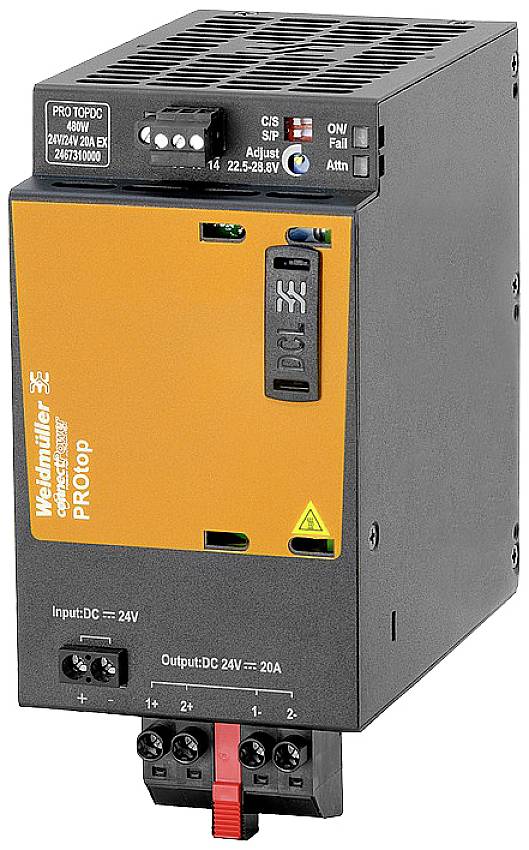 Weidmüller Alimentation électrique PROtop, entrée 24V DC, sortie 24V DC, 20A. Boîtier noir avec panneau frontal orange.