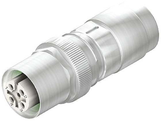 Un connecteur cylindrique argenté à 4 pôles avec des bornes numérotées, adapté aux connexions industrielles et aux applications électroniques.