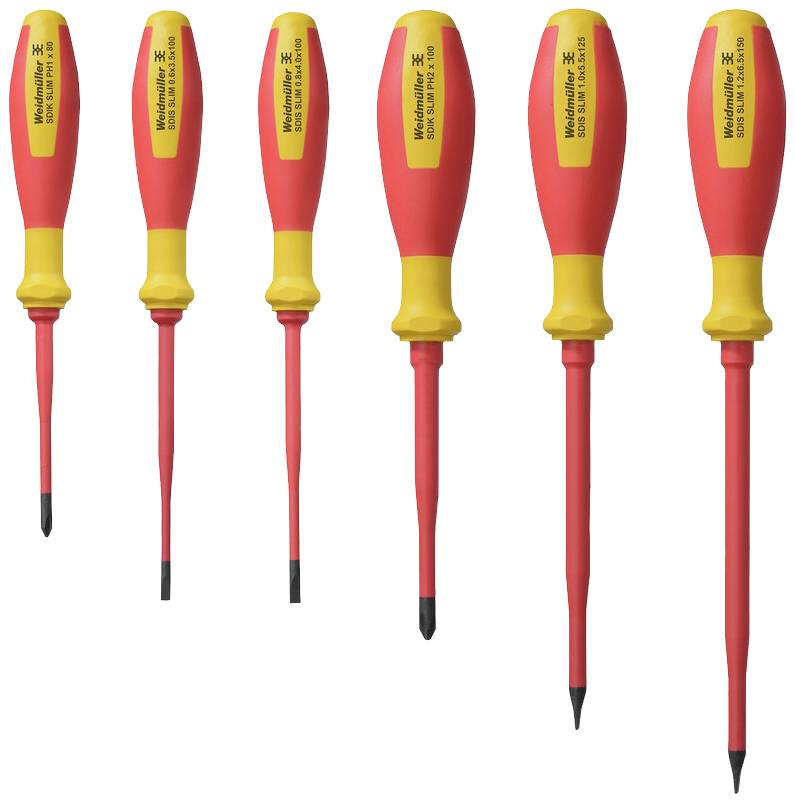 Ensemble de 6 tournevis isolés de différentes tailles, adaptés aux travaux sur des appareils électriques.