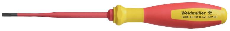 Un tournevis rouge avec une poignée jaune pointe vers la gauche. Sur la poignée, il est inscrit « Weidmüller SDIS SLIM 0.4x2.5x100 ».