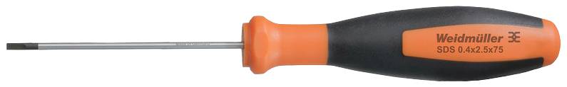 Un tournevis avec poignée orange et noire de la marque 'Weidmüller' SDS 0,4x2,5x75.