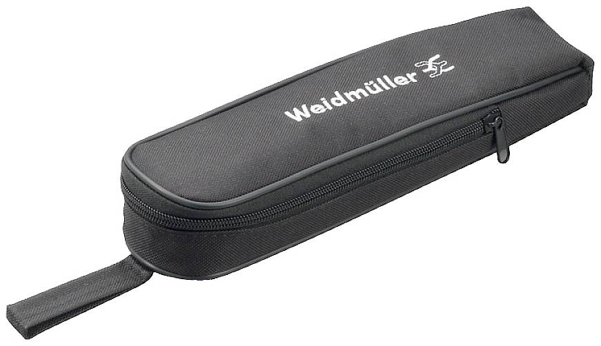 Un étui à stylos noir avec l'inscription blanche 'Weidmüller' et une fermeture à glissière en haut.