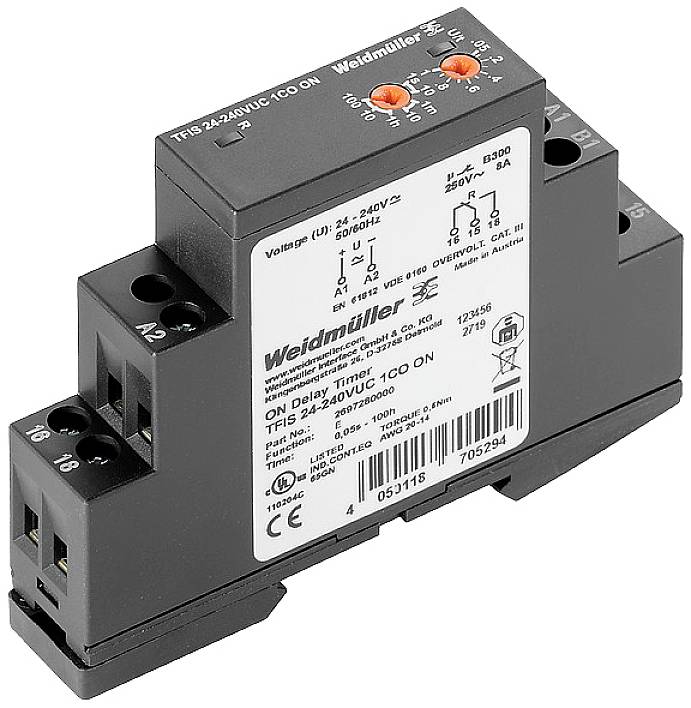 Relais temporel électronique avec temporisation à l'enclenchement réglable, modèle et fabricant sur la face avant. Des LED indiquent l'état.