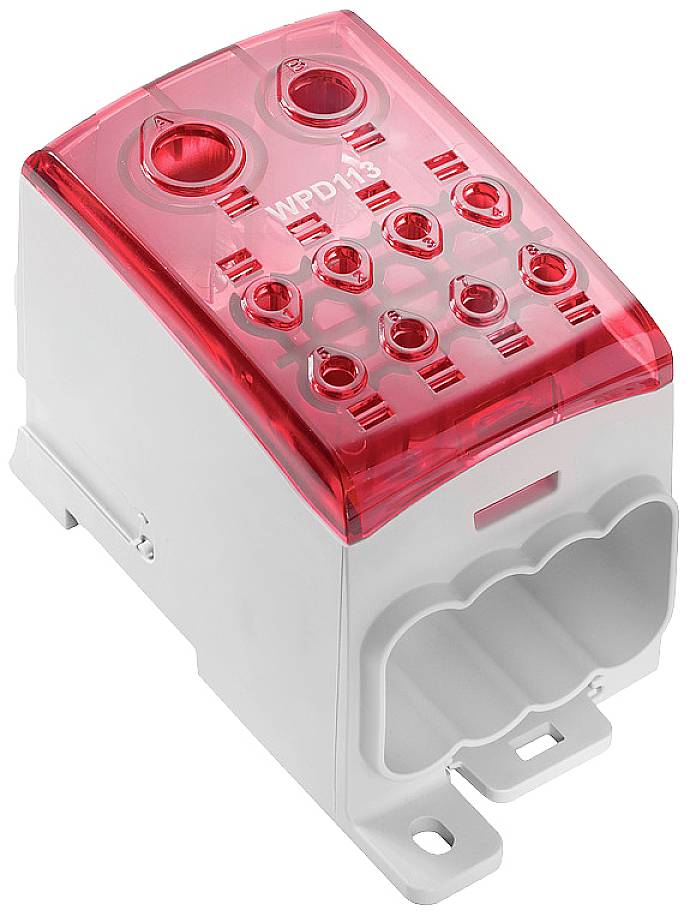 Un composant électronique avec un couvercle en plastique rouge, neuf bornes électriques en haut et une ouverture triangulaire en bas.
