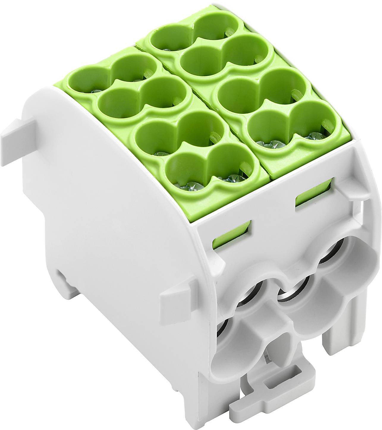 Un connecteur vert à six pôles avec un boîtier blanc, adapté pour établir une connexion électrique sûre dans des applications techniques.