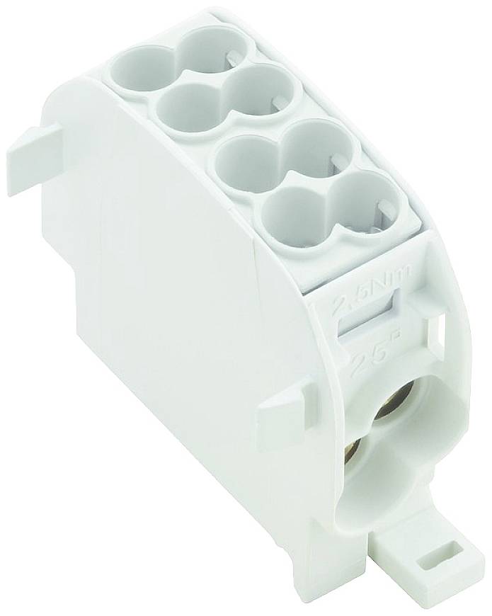 Borne électrique blanche multipolaire en plastique avec plusieurs ouvertures de connexion, adaptée pour la fixation de câbles et les connexions électriques.