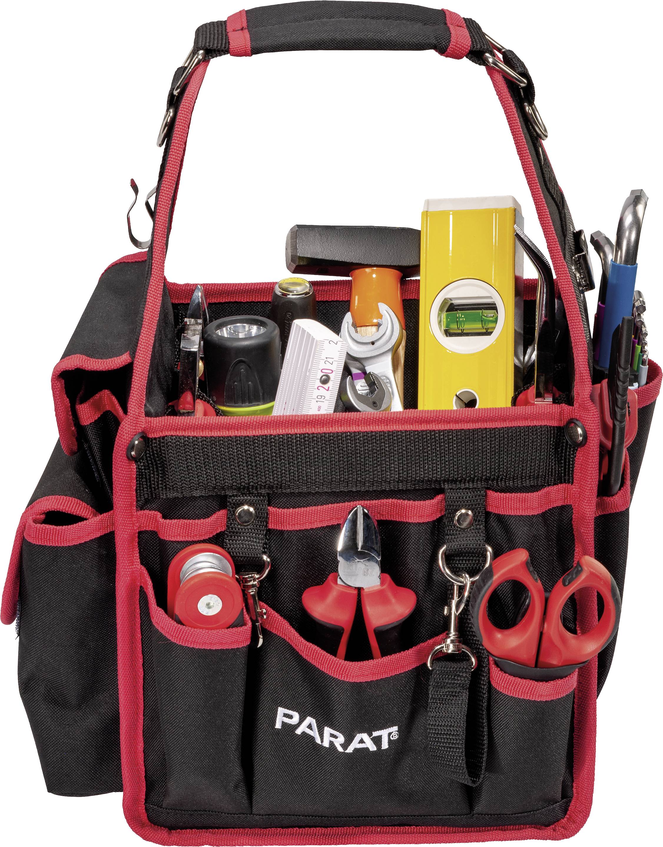 Un sac à outils noir avec des coutures rouges, rempli de divers outils manuels tels que des pinces, un mètre ruban, un niveau à bulle et des tournevis.