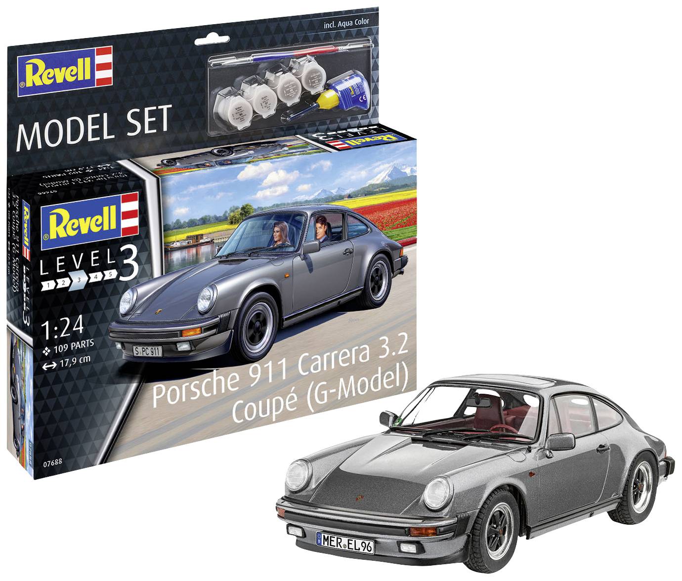 Kit de maquette Revell : Porsche 911 Carrera 3.2 Coupé (modèle G) à l'échelle 1:24, comprenant 109 pièces. Modèle et emballage illustrés.