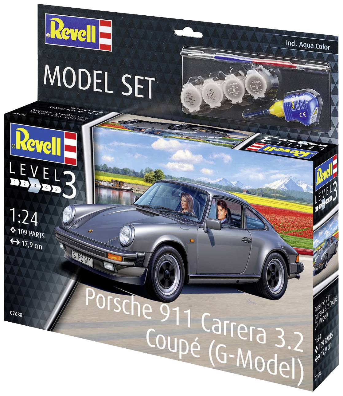 'Maquette Revell : Porsche 911 Carrera 3.2 Coupé à l'échelle 1:24, Niveau 3, comprenant 109 pièces, avec peintures et colle.'