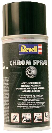 Bombe de peinture en aérosol portant l'inscription 'Revell Chrom Spray'. Adaptée pour le plastique et le métal, avec des instructions d'utilisation.