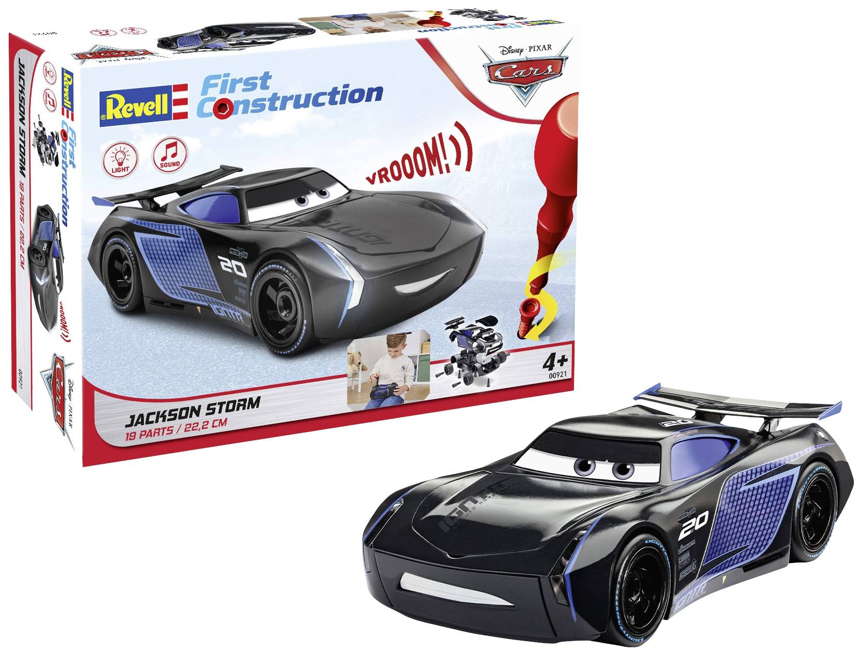 Voiture miniature jouet de Jackson Storm de 'Cars 3', par Revell, pour enfants à partir de 4 ans. L'emballage présente la voiture et contient 19 pièces.