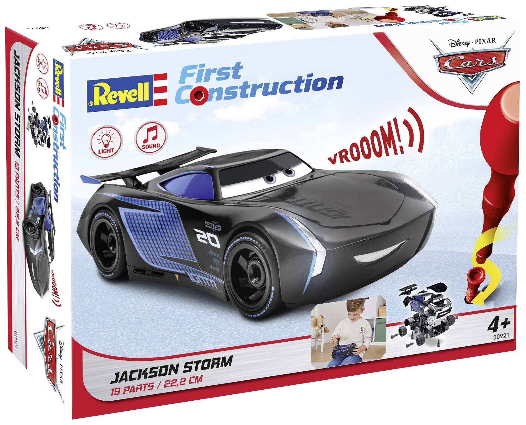 Kit de voiture miniature 'Jackson Storm' de Revell, inspiré de 'Cars', recommandé à partir de 4 ans. Contient 19 pièces, taille 22,2 cm.