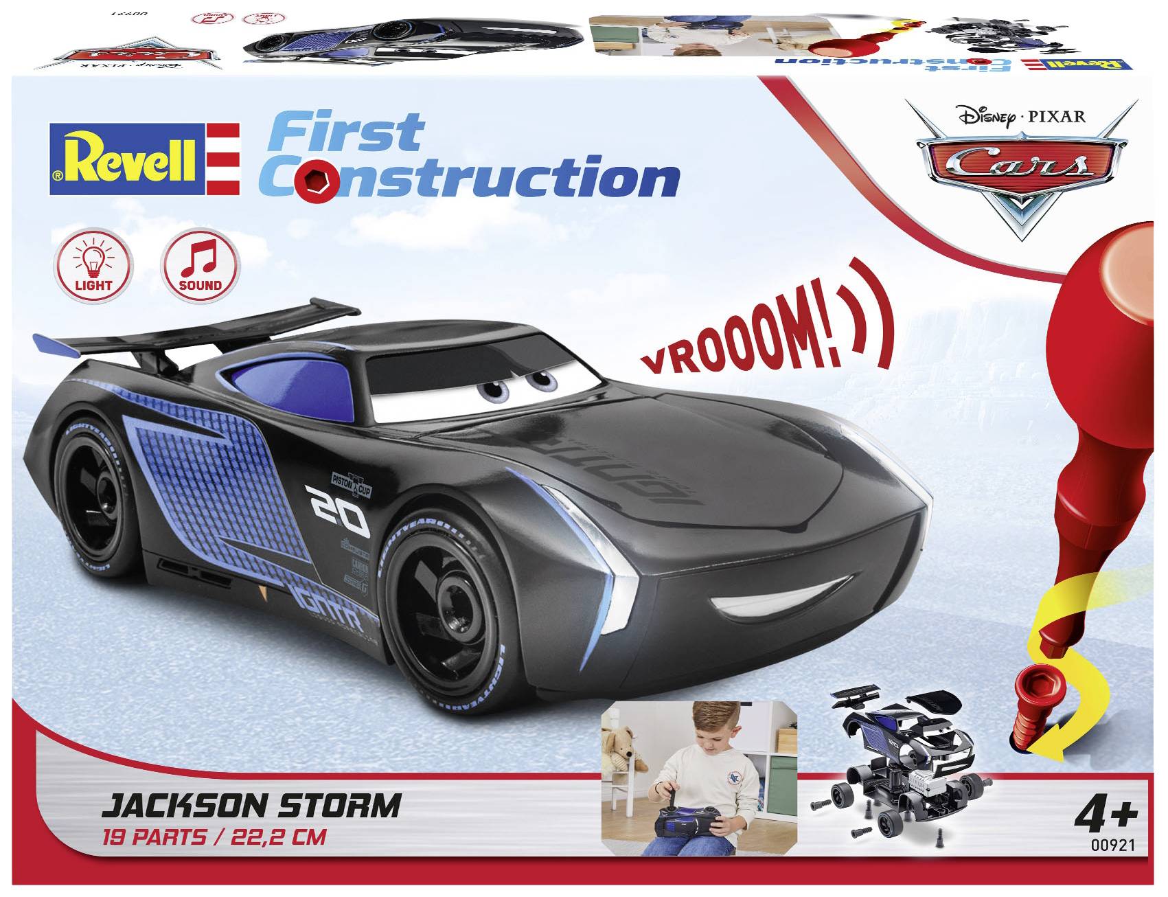 Kit de voiture miniature 'Jackson Storm' de Revell pour enfants à partir de 4 ans. Comprend 19 pièces, voiture avec effets lumineux et sonores.