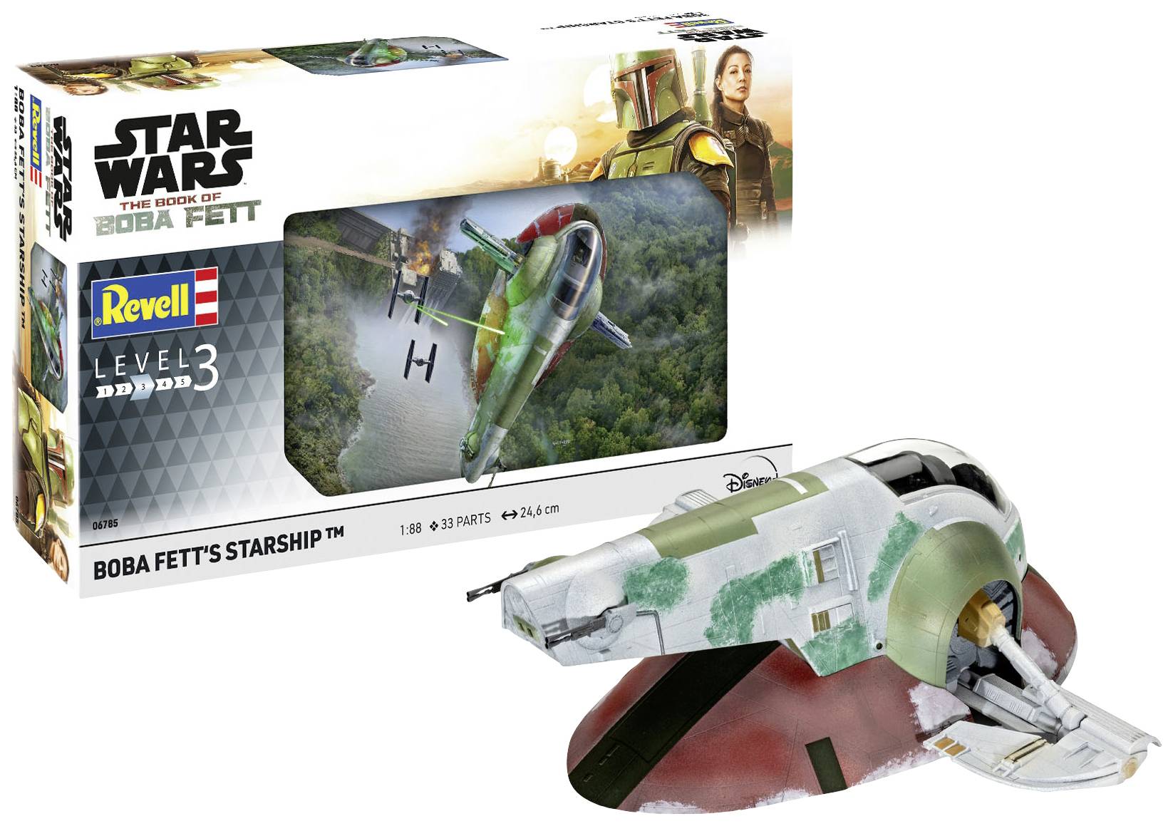 Kit de modèle Revell du vaisseau spatial de Boba Fett issu de Star Wars. L'emballage montre le vaisseau en vol au-dessus d'une forêt.