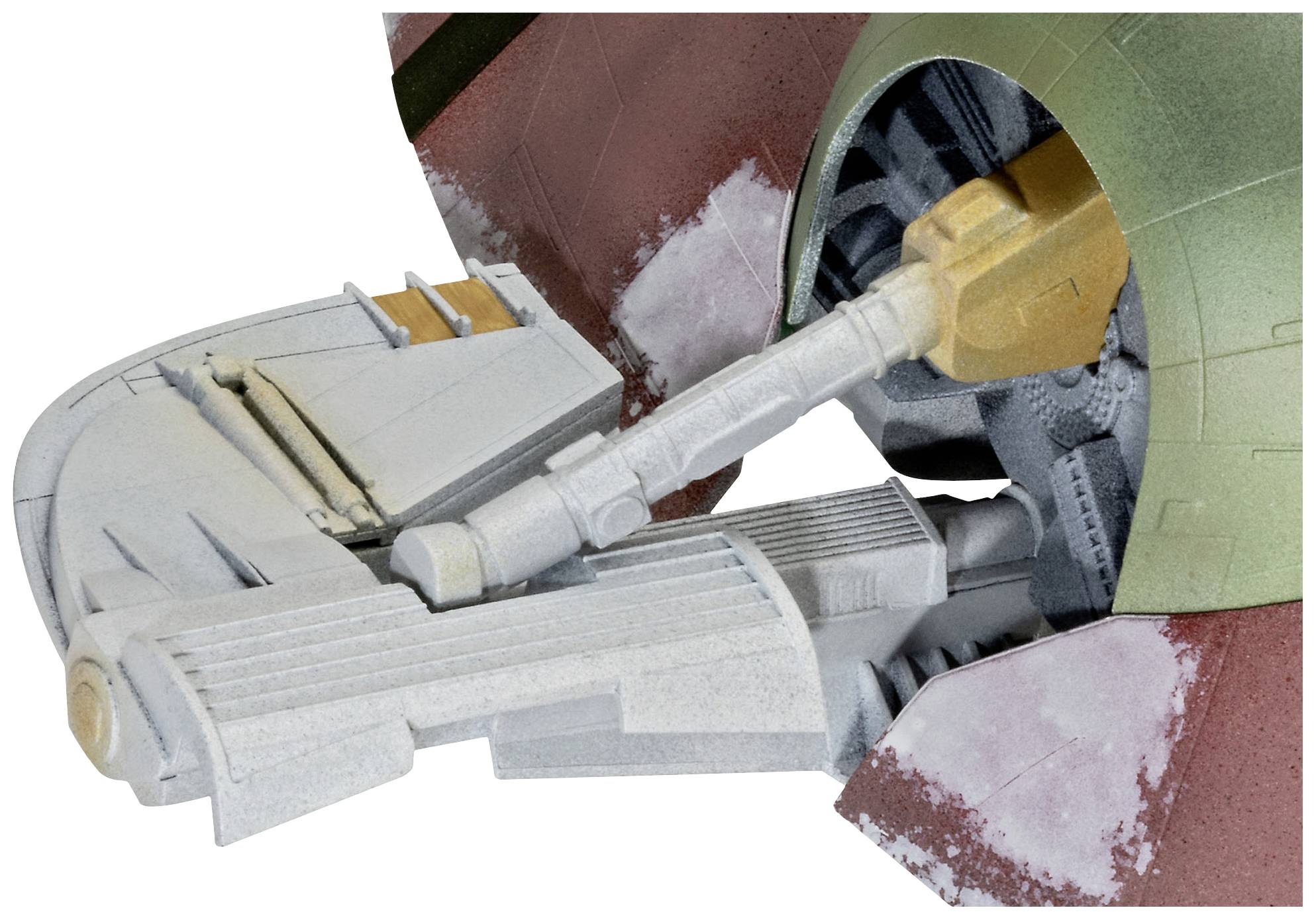 Un détail d'une maquette d'un véhicule spatial avec des structures mécaniques complexes et des éléments de surface colorés.