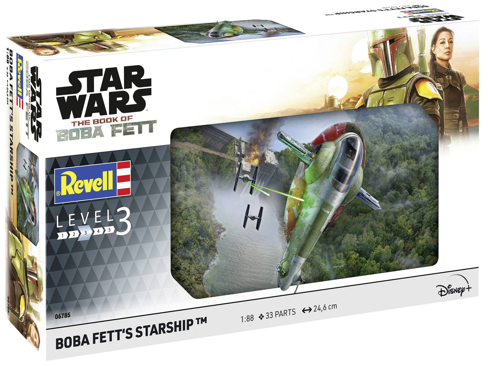 L'emballage présente une maquette du 'Vaisseau de Boba Fett' issu de 'Star Wars : Le Livre de Boba Fett' de Revell, Niveau 3, 33 pièces.
