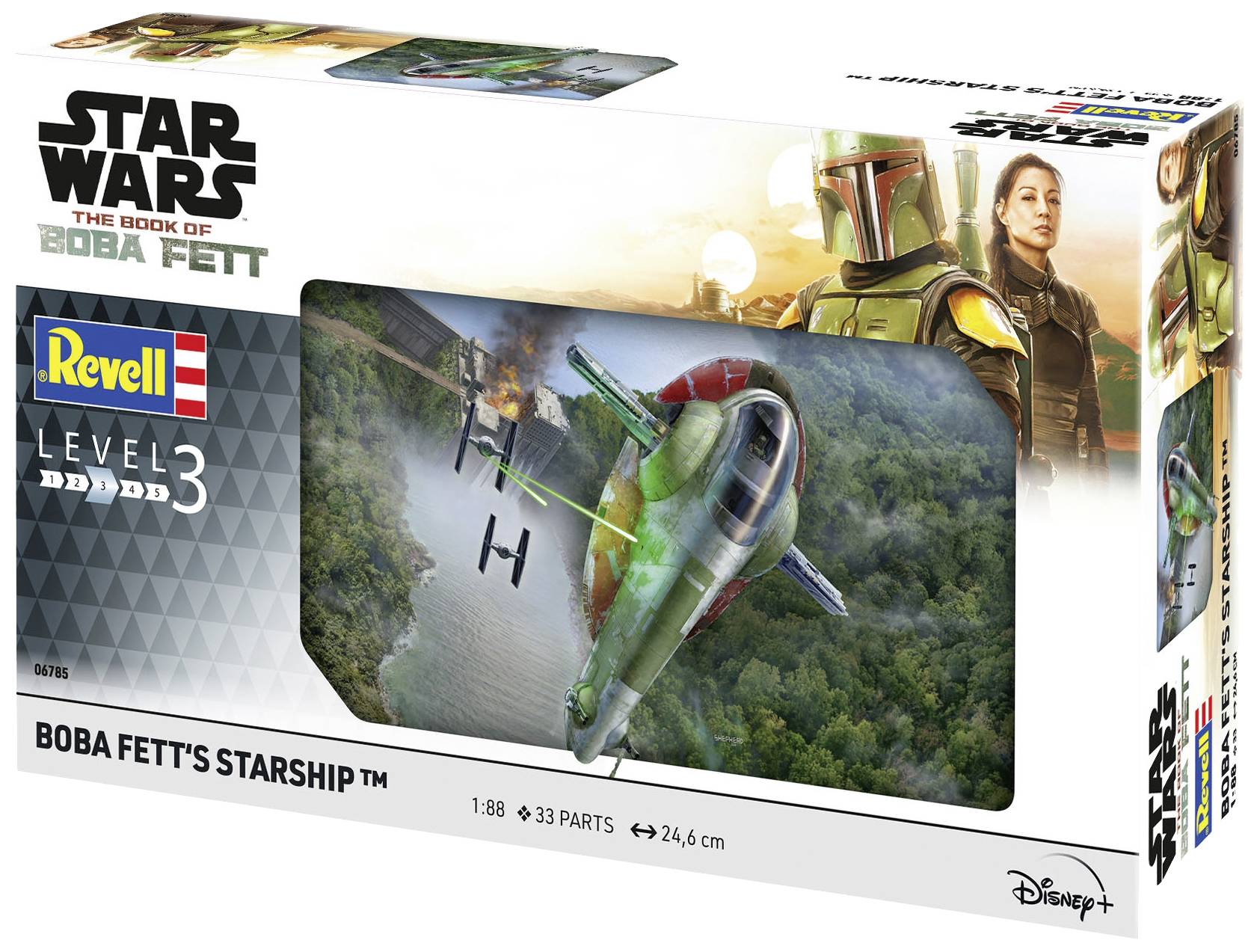 Emballage d'un kit de maquette du vaisseau spatial de Boba Fett issu de 'Star Wars : Le Livre de Boba Fett'. Contient 33 pièces.