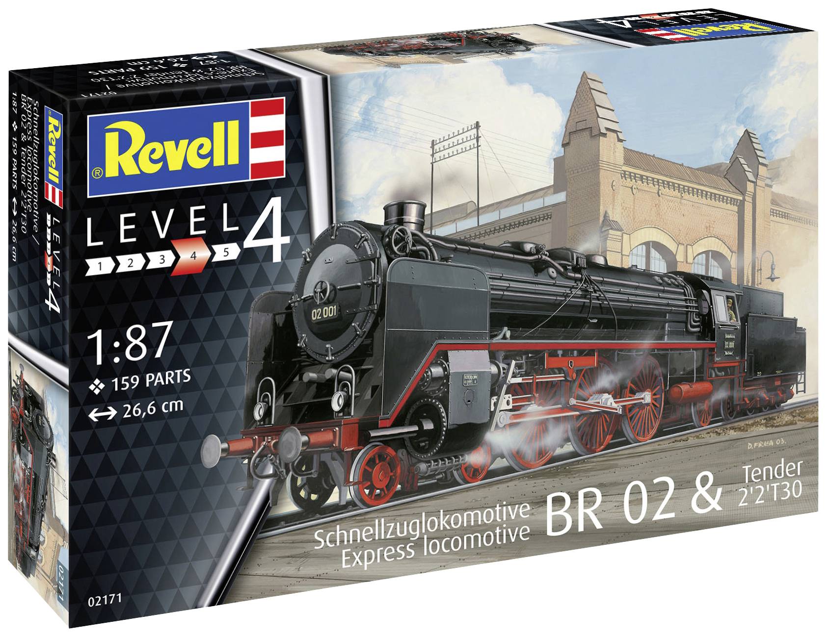 Emballage de kit de montage pour une locomotive rapide BR 02 à l'échelle 1:87, présentant une image de la locomotive devant un bâtiment de gare.