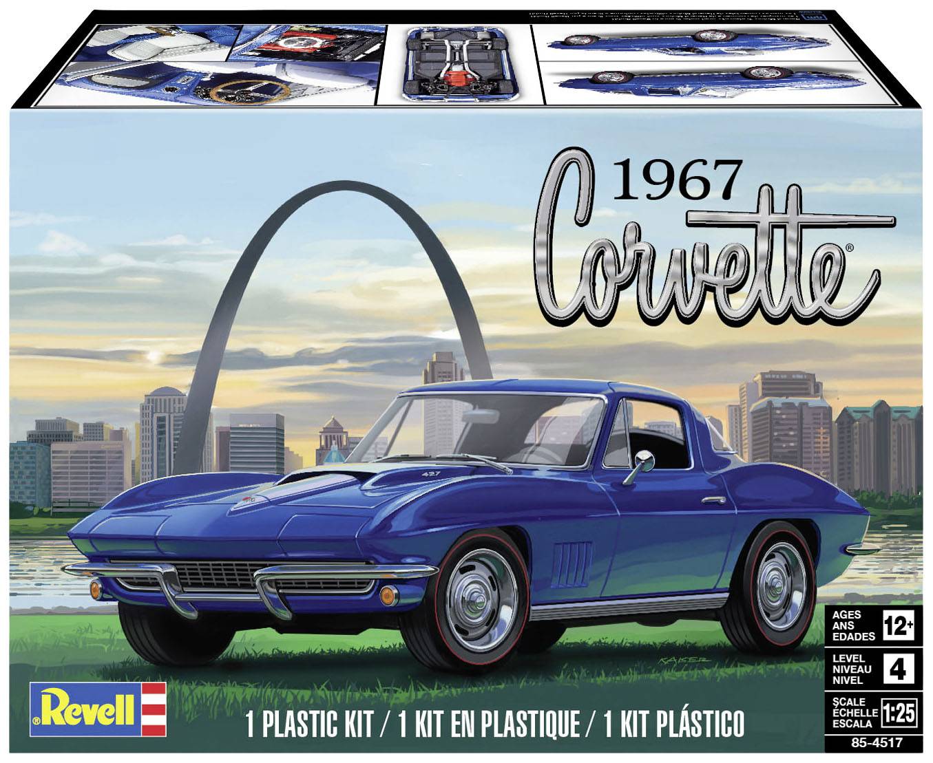 Maquette d'une Corvette bleue de 1967 devant l'Arche du Gateway à Saint-Louis. Sur l'emballage, il est écrit : « Corvette 1967 ». À partir de 12 ans.