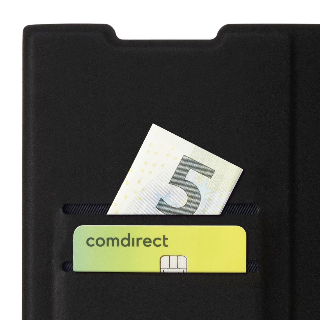 Un étui à cartes noir avec une carte bancaire verte de la marque 'comdirect' et un billet qui dépasse.