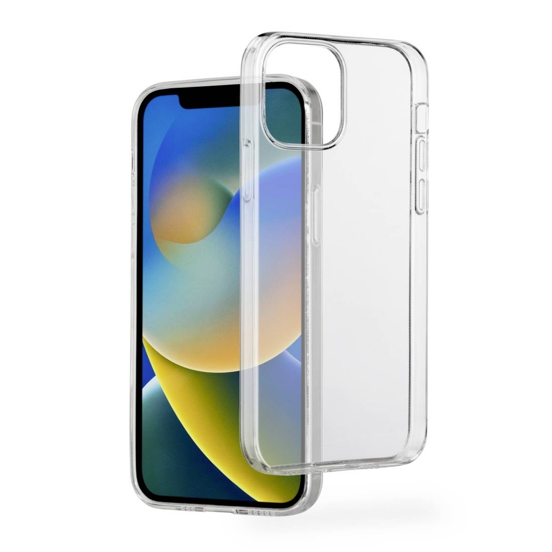 Étui de téléphone transparent à côté d'un smartphone avec un arrière-plan coloré sur l'écran. Compatible avec le modèle présenté.