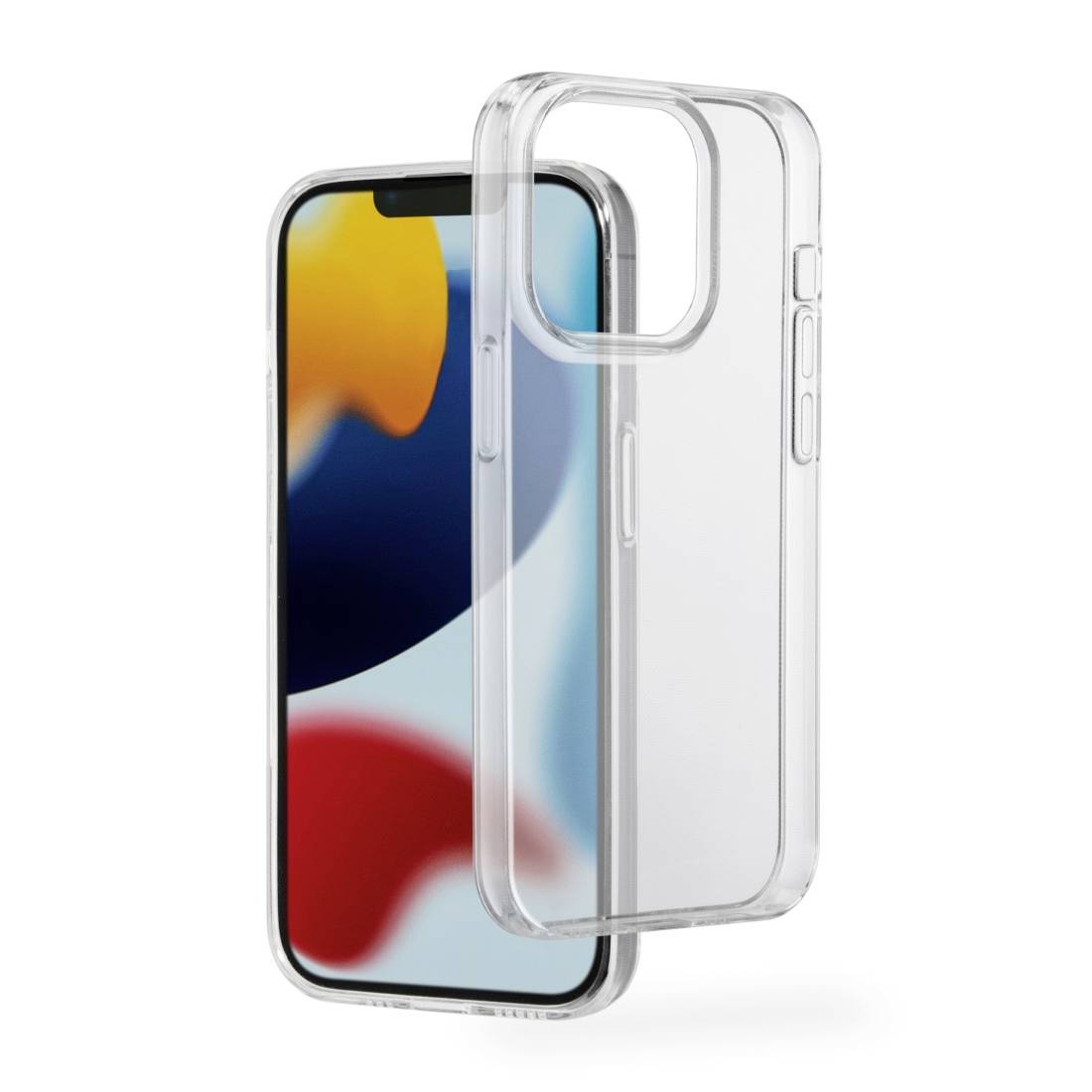 Smartphone avec boîtier en plastique transparent. Le boîtier montre l'arrière de l'appareil et offre une protection tout en laissant l'écran visible.