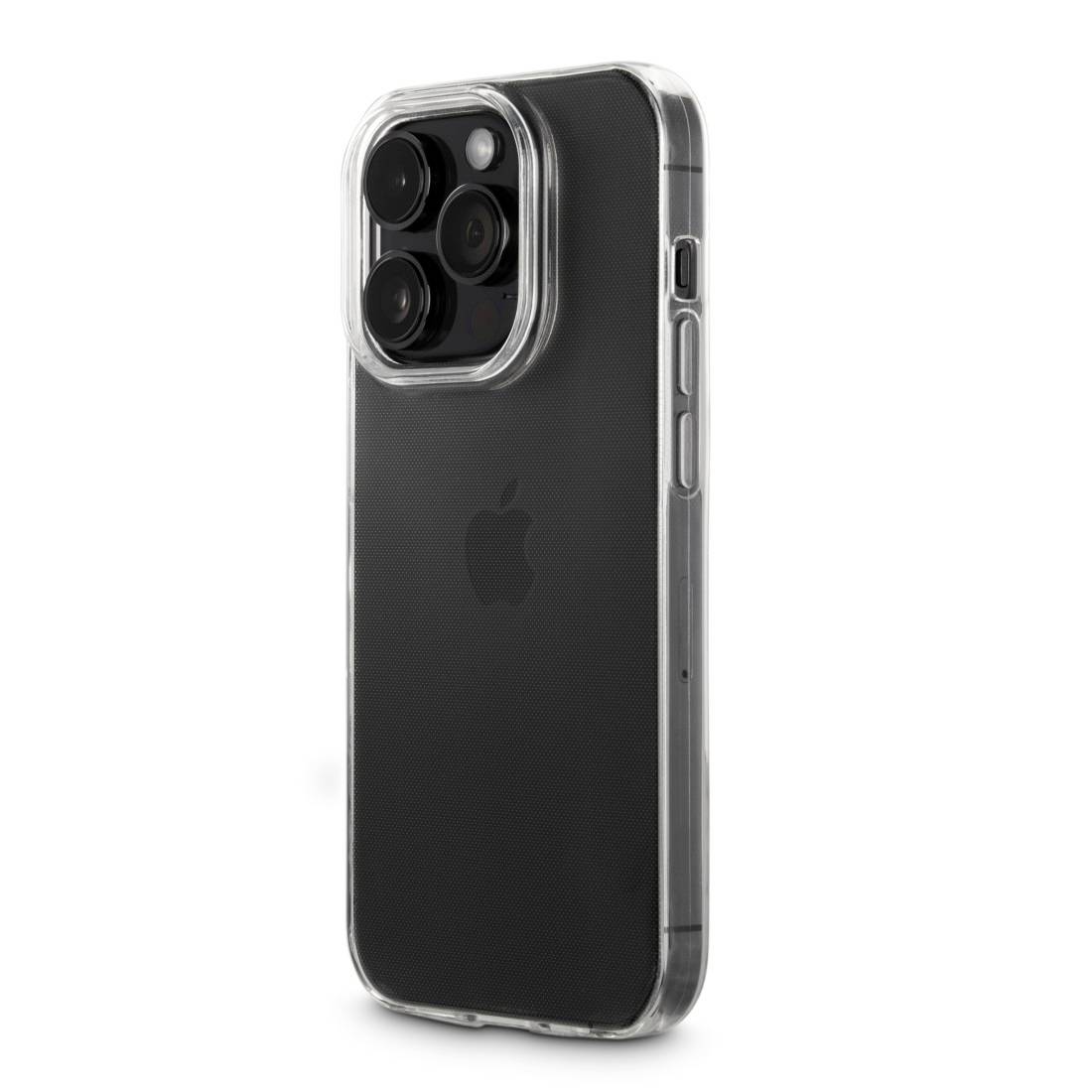 Un smartphone noir avec un étui de protection transparent, vue de côté.