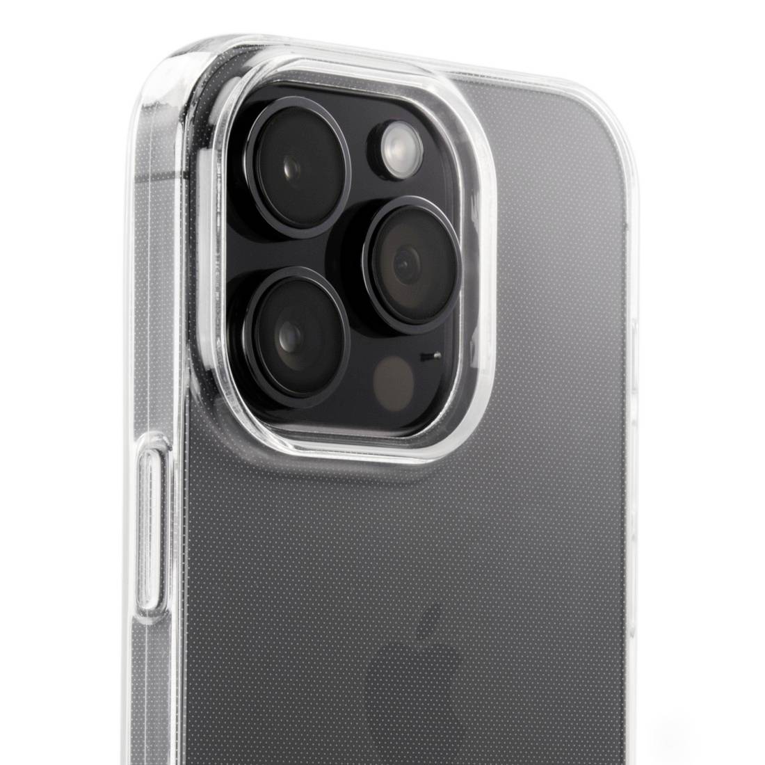 Un smartphone avec un étui transparent mettant en valeur la caméra à trois objectifs et le flash. Le logo de la marque est visible dans la partie inférieure.