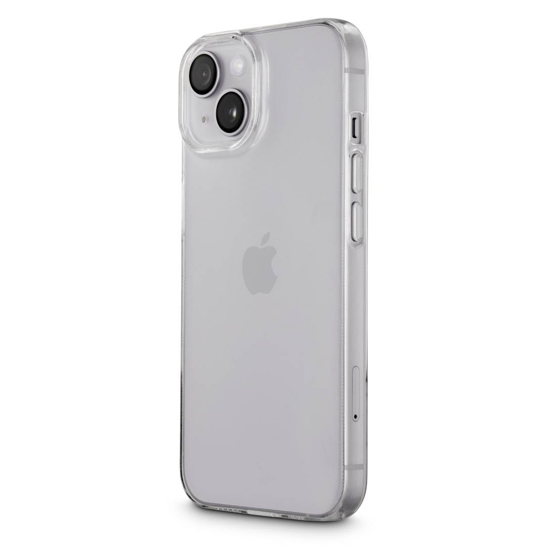 Un smartphone moderne avec un boîtier en plastique transparent, montrant l'arrière et le double objectif photographique.