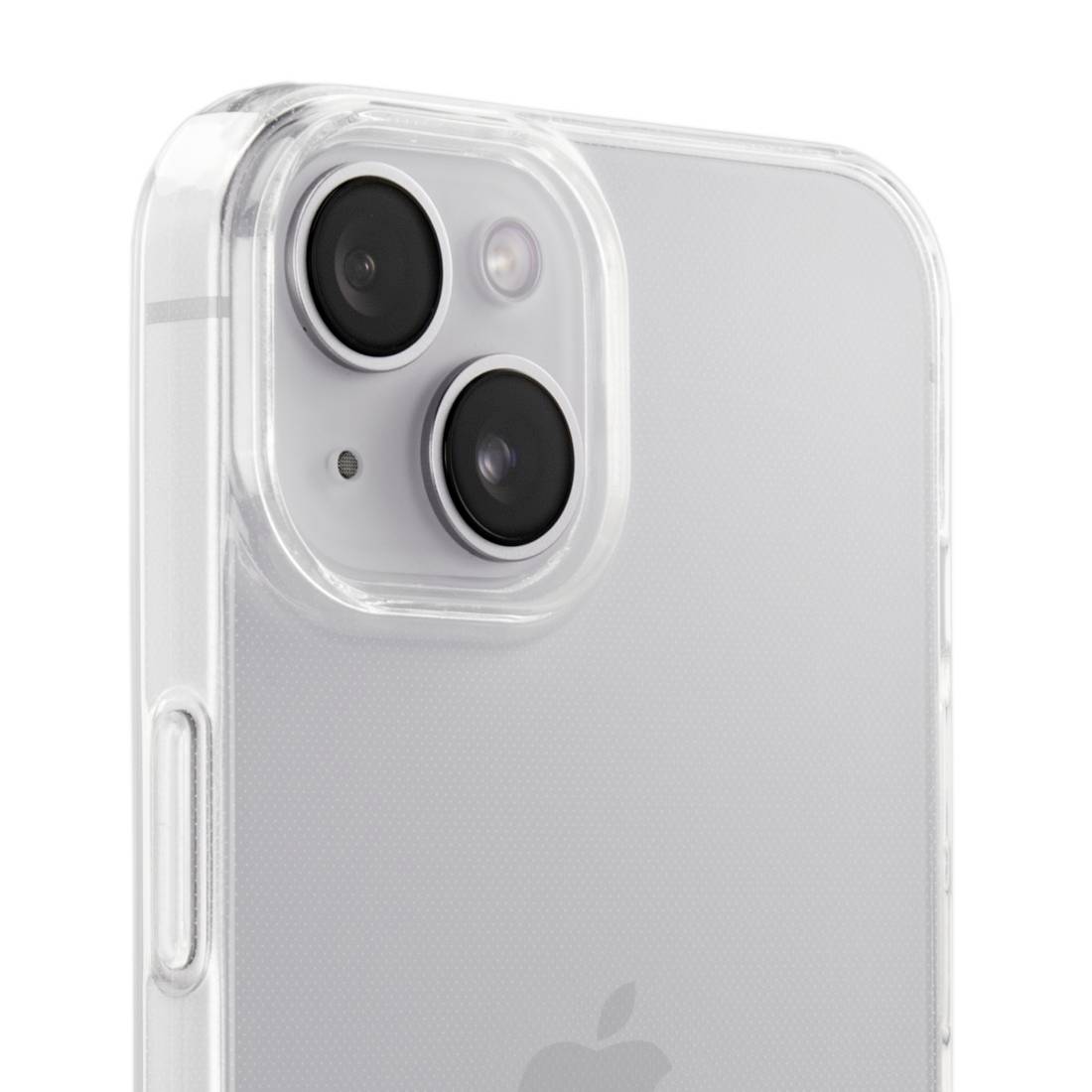 Une coque transparente protège un smartphone. Elle présente deux objectifs de caméra et un flash à l'arrière de l'appareil.