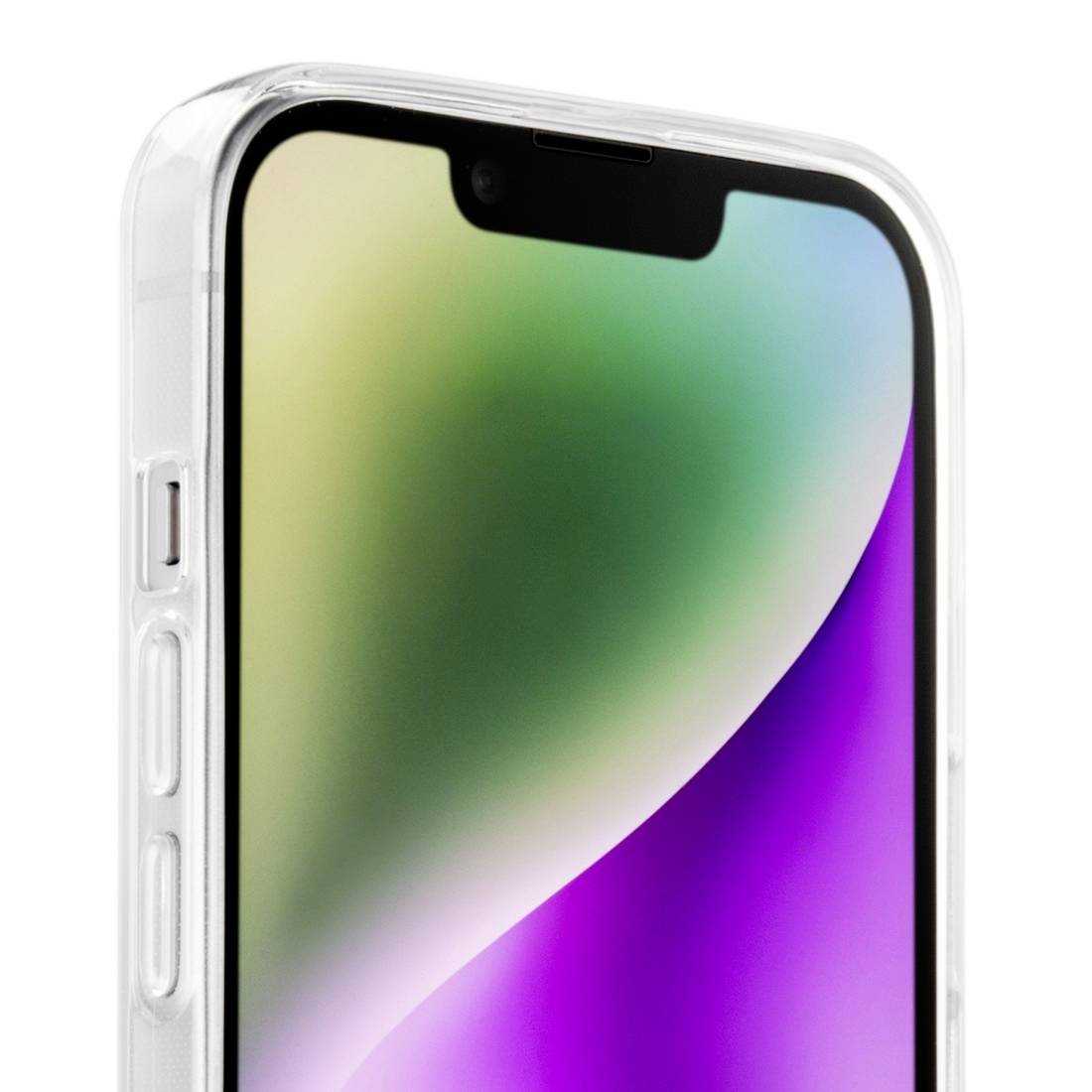 Smartphone avec boîtier blanc et écran incurvé. L'écran affiche des dégradés de couleurs flous et colorés.