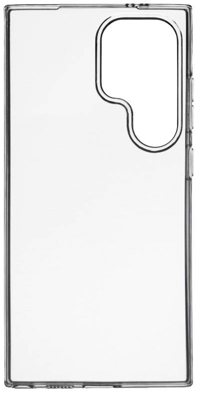 Étui transparent pour smartphone avec appareil rectangulaire aux coins arrondis et découpe pour l'appareil photo en haut à droite.