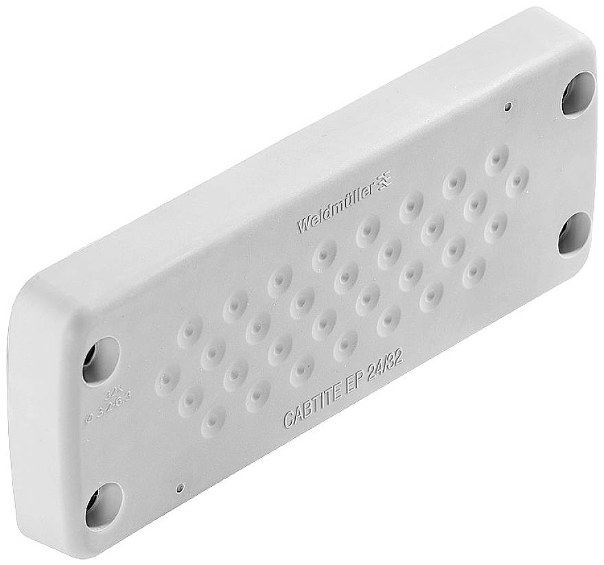 Plaque rectangulaire en plastique avec plusieurs petits trous et le texte 'Weidmüller CABTITE EP PAX2'.