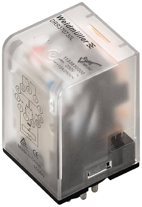 Relais de Weidmüller, modèle DRS30730L, avec schéma technique sur la face avant, produit en Chine.