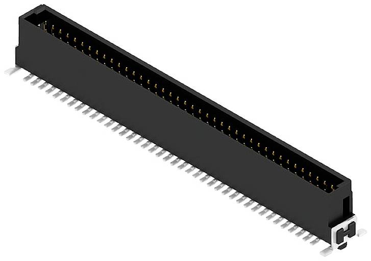 Une prise noire, allongée, avec de nombreuses broches de contact dorées, utilisée pour les connexions électroniques sur une carte de circuit imprimé.