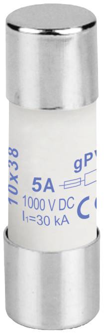 Un insert de fusible cylindrique portant l'inscription '10x38', '5A', '1000 V DC', 'I1=30 kA', adapté aux systèmes photovoltaïques.